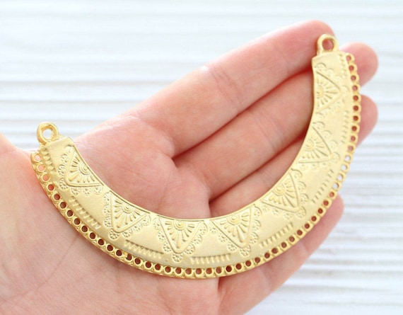 Collar necklace gold, gold crescent moon, metal collar, large collar pendant, multistrand connector, tribal crescent choker pendant