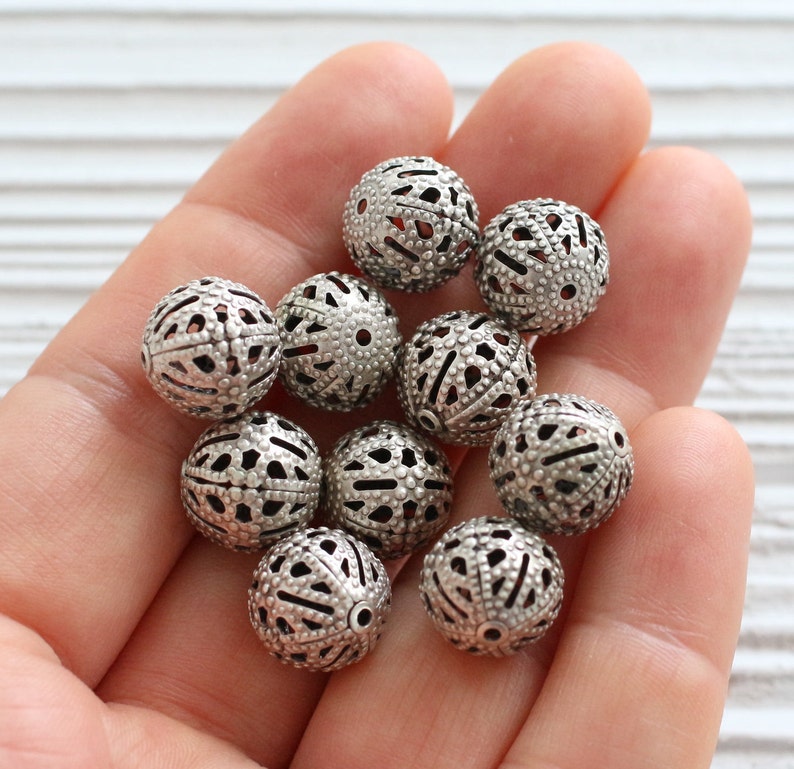 10pc round filigree silver metal beads, 10mm hammered round beads, large silver beads, textured beads, necklace beads, round silver beads, L image 4