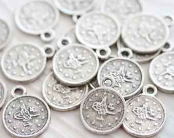 10pc silver coins, earring charms, metal round beads, rustic, coin charms, metal charms, flat coin, bracelet charms, necklace charms, L