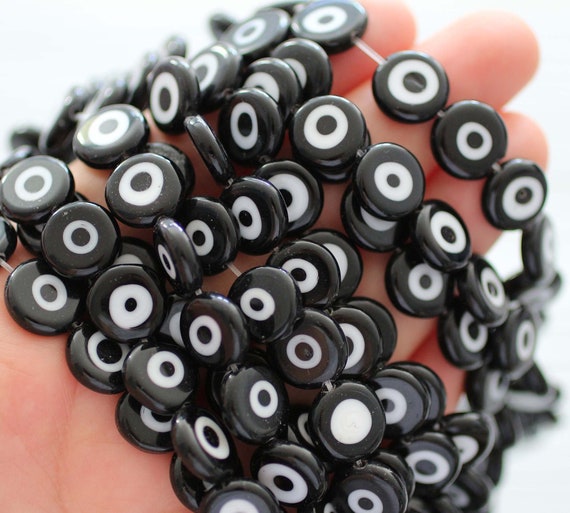 15", 36pc, 10mm black evil eye beads, necklace beads, good luck beads, flat evil eye beads, bracelet beads, round evil eye beads, DIY, EE10