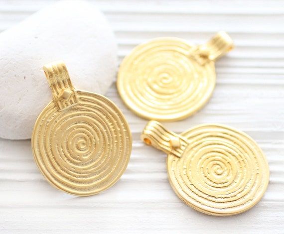 Gold spiral pendant, large round pendant, gold tribal pendant, rustic pendant, boho findings, hammered pendant, spiral, large pendants,matte