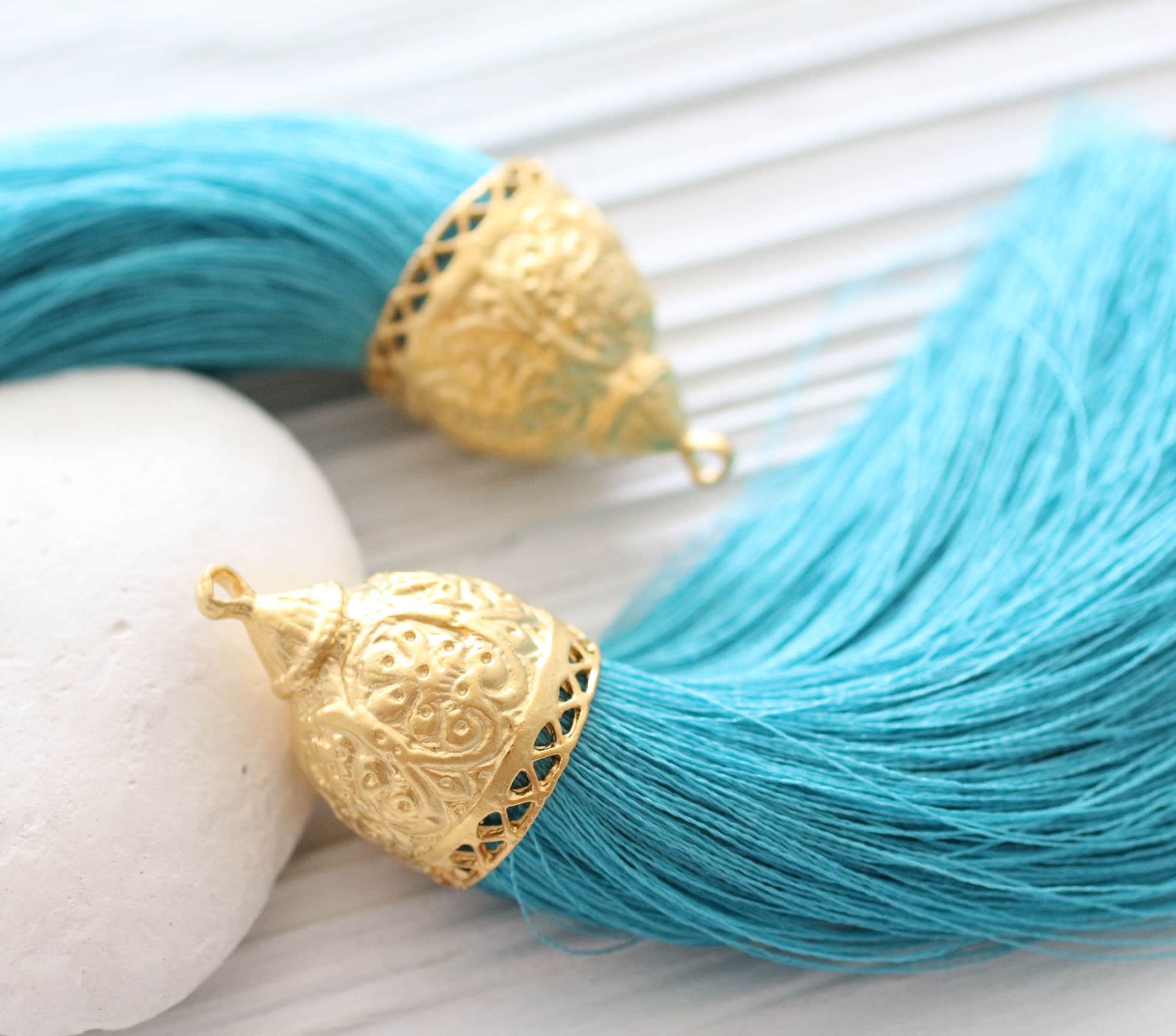 Extra large turquoise silk tassel with rustic gold tassel cap, thick