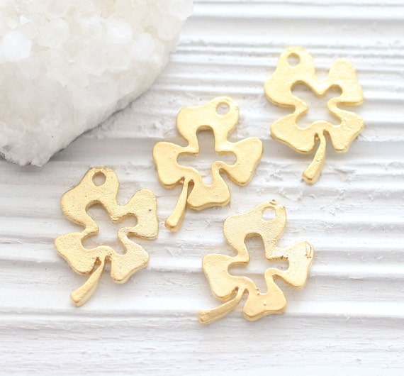 10pc four leaf clover charms, clover pendant, earring charms dangle, 4 leaf clover, bracelet charms, metal gold clover beads, flower gold