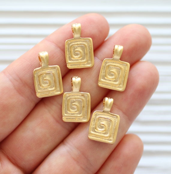 10pc square charm gold, spiral charm pendant, gold dangles, gold charms for bracelet, earrings, necklace, rustic large hole dangle pendant