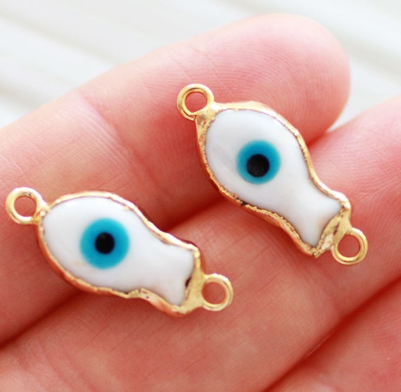 2pc white evil eye connector, fish charm, glass beads, earrings charms, gold, necklace dangle, animal findings, bracelet connector