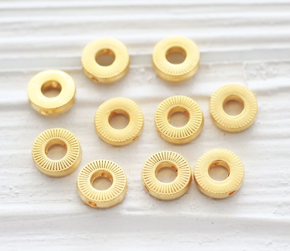 10pc round slider beads gold, round charms, spacer charms, gold metal charms, bracelet spacer beads, necklace findings