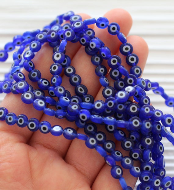 15", 65pc, 6mm tiny evil eye beads, flat glass beads, lamp work beads, navy blue evil eye, glass beads, handmade, round glass beads, DIY,EE6