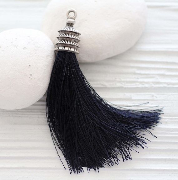 Navy blue silk tassel with pavilion silver cap, long tassel pendant, large navy tassel, jewelry tassels,mala tassel,navy necklace tassel,N17