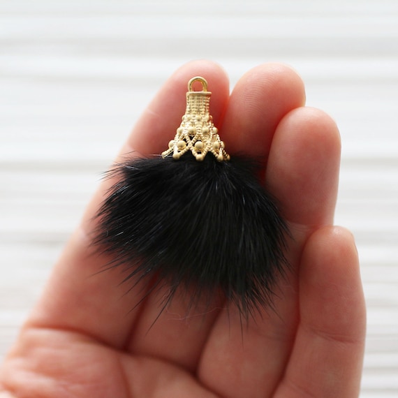 Black faux fur pom pom tassel, pom pom keychain tassel, pom pom, black pom pom earrings tassel, jewelry pom pom with gold cap, dangles, N8