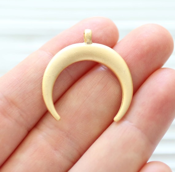 Gold crescent pendant, earrings dangle, gold crescent moon charm pendant, half moon, rustic pendant, unique findings, tribal crescent, M