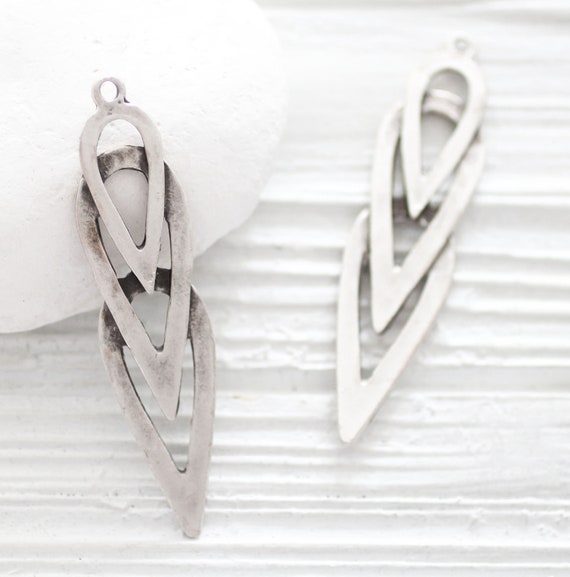 2pc chandelier earrings dangle, layered pendant, antique silver teardrop pendant, silver findings, hammered metal pendant, tear drop charms