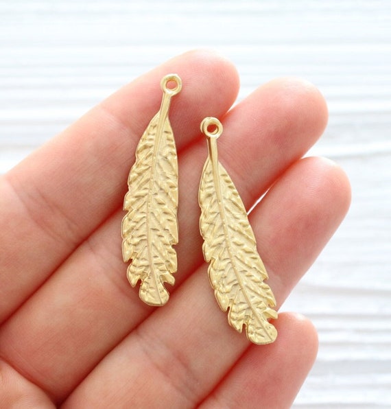 2pc matte gold leaf pendant, leaf charms, hammered leaf, large gold leaf pendant, boho pendant dangle, rustic leaf pendant, earrings dangle