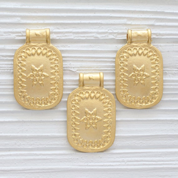 Rectangle pendant, medallion pendant, large hole pendant, rustic pendant, hammered pendant, gold pendant, matte gold, tribal pendant