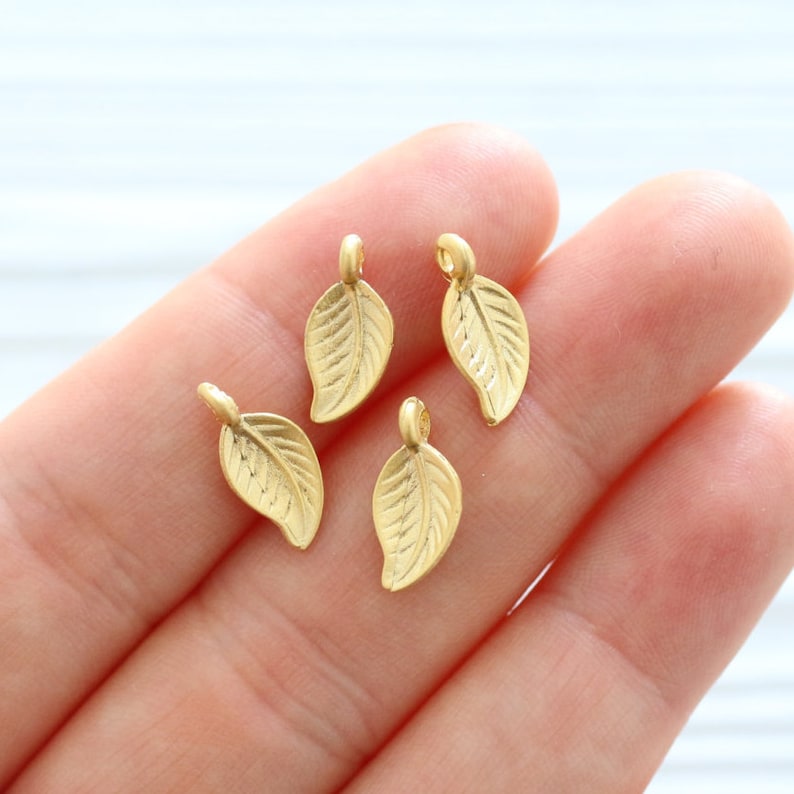 10pc gold leaf charms, earring charms, gold leaf, mini charms, necklace charms gold, bracelet charms, mini leaf pendant, matte gold findings image 3