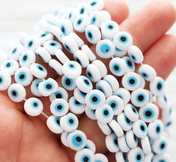 15", 46pc, 8mm white evil eye beads, round evil eye beads, flat evil eye glass beads, lamp work beads, lucky evil eye,DIY bracelet beads,EE8