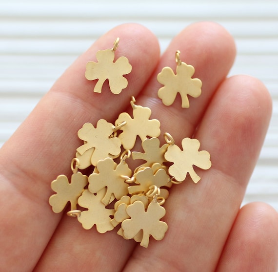 10pc four leaf clover charms, dainty charm pendant, earring charms, 4 leaf clover, bracelet charms, matte gold metal beads, necklace charms