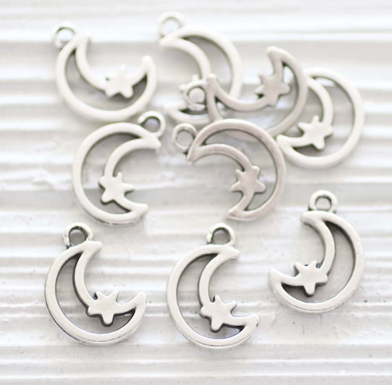 10pc moon and star charm, crescent charm with star, silver crescent moon pendant, bracelet charms, silver earrings charm, necklace dangle