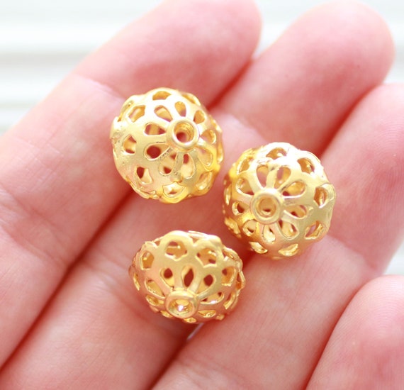 3pc bicone gold beads, rondelle beads, necklace beads, matte gold filigree beads, earrings beads, large metal beads, bracelet spacer beads