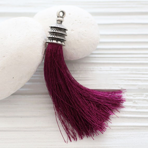 Plum purple silk tassel, magenta, silver cap tassel, large silk tassel, jewelry tassels, silk necklace tassel, long tassel, tassel, N21