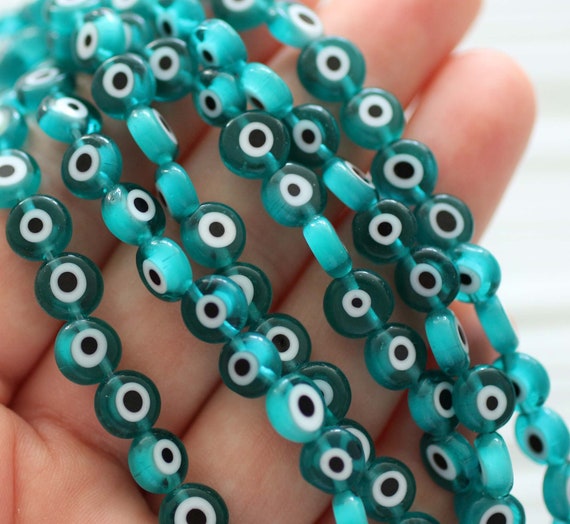 15", 46pc, 8mm teal evil eye beads, lucky evil eye, DIY bracelet beads, round evil eye beads, flat evil eye glass beads, necklace beads, EE8