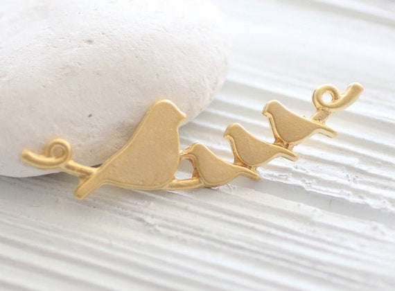 Bird family pendant, birds on a branch, gold bird pendant, animal pendant, gold birds, bird connector, birds pendant, gold bird, cozy birds