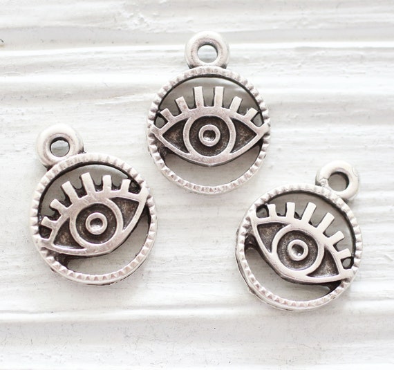 5pc round charms with evil eye, silver bracelet charms, evil eye charm, good luck charms, necklace drop charms, earring charm pendant