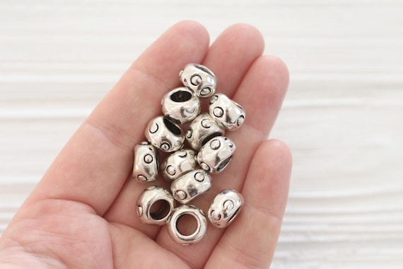 5pc large silver beads, large hole beads, leather bracelet beads, round silver beads, necklace beads, rondelle, tribal beads,bead spacers