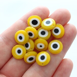 15, 30pc, 12mm yellow evil eye, round glass beads, lamp work, evil eye beads, DIY beads, flat glass beads, good luck beads, EE12 image 2