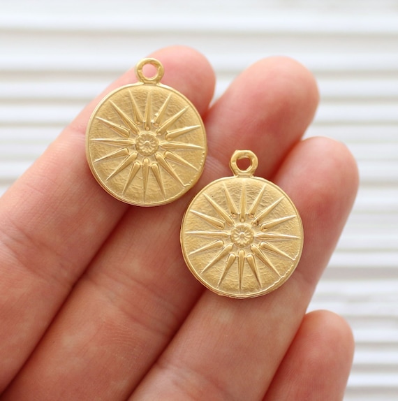 2pc charm pendant, dangle pendant gold, large hole tribal pendant, gold dangle, round tribal pendant, rustic pendant, earrings dangle