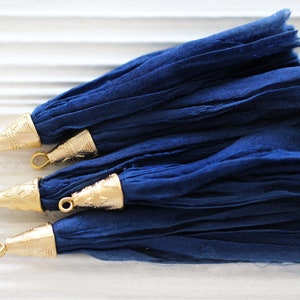 Navy sari silk tassel, keychain tassel, mala tassel, gold cap tassel, navy blue, long necklace tassel, sari silk, blue silk tassel, N17