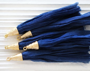 Navy sari silk tassel, keychain tassel, mala tassel, gold cap tassel, navy blue, long necklace tassel, sari silk, blue silk tassel, N17