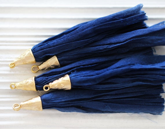 Navy sari silk tassel, keychain tassel, mala tassel, gold cap tassel, navy blue, long necklace tassel, sari silk, blue silk tassel, N17