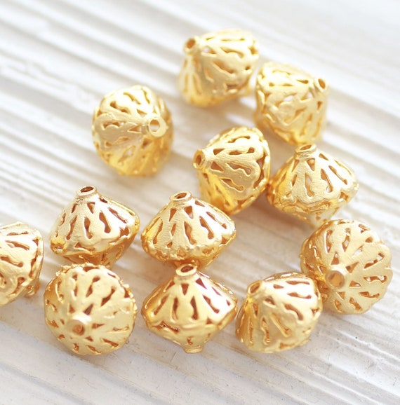 3pc filigree beads, bicone gold beads, rondelle beads, necklace beads, matte gold beads, earrings beads, large metal beads, spacer beads, B1