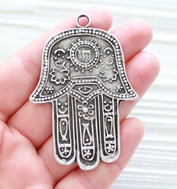 Silver Hamsa pendant with embellishments, large Hamsa, hammered Hamsa pendant, hand of fatima pendant