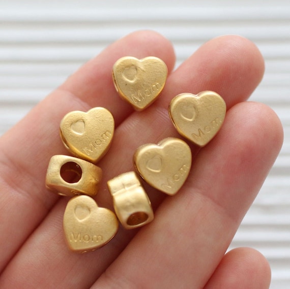 5pc mom charm gold, mom heart charm, bead sliders, mom heart pendant, family charms, heart beads, mother's day gift, gifts for mom