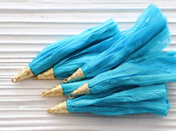 Turquoise blue sari silk tassel, large sari silk tassel, sari silk, gold cap sari silk tassel, silk tassels, silk necklace tassel, aqua, N28