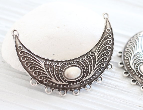 Tribal pendant connector, multi strand large silver connector, metal rustic crescent moon collar pendant, silver crescent, multistrand