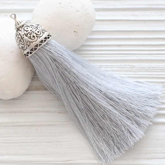 Extra large gray silk tassel with rustic silver tassel cap, silk tassels, gray tassel, decorative tassels, large mala tassel, tribal, N12