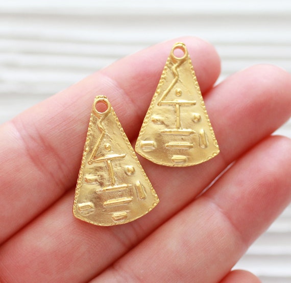 2pc gold triangle earring charms, earrings dangles, tribal necklace charms, rustic findings for jewelry, necklace pendant for leather cord