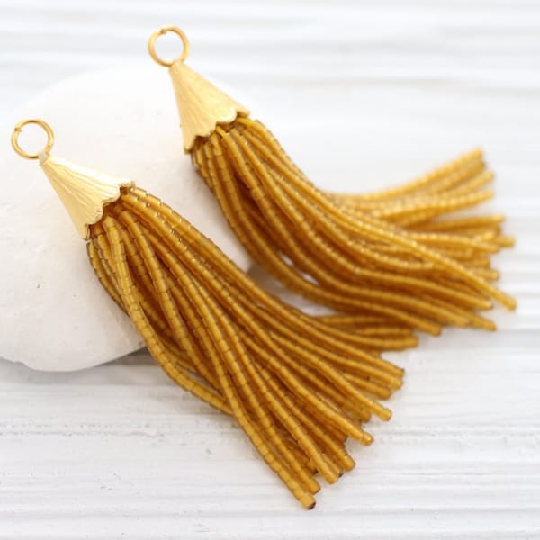 Golden yellow bead tassel, beaded tassel, gold cap tassel, golden tassel, honey mustard, beaded earring tassel, necklace tassel