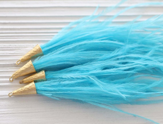 Turquoise feather tassel, aqua blue feather tassel, feather earrings tassel, tassels with gold cap, necklace tassel, purse tassels, N42