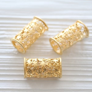 Gold filigree tube pendant, unique filigree findings, gold rondelle pendant, large tube bead, gold tube charm, focal flower barrel pendant image 5