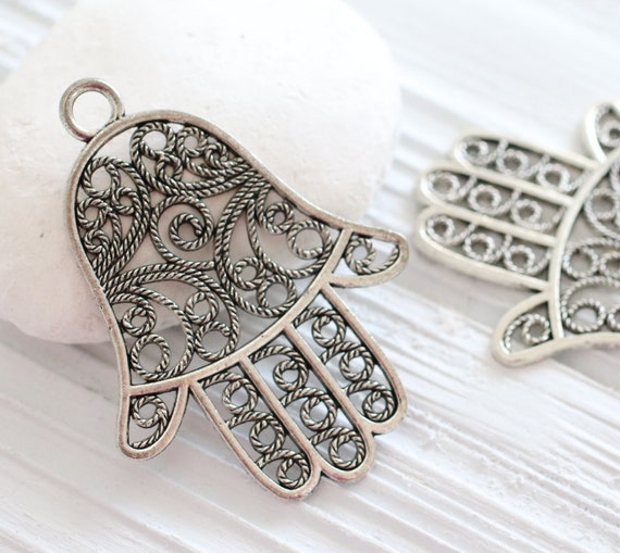 Filigree Hamsa pendant, large silver Hamsa, silver pendant, Hamsa medallion, filigree pendant, filigree findings, hand of Fatima