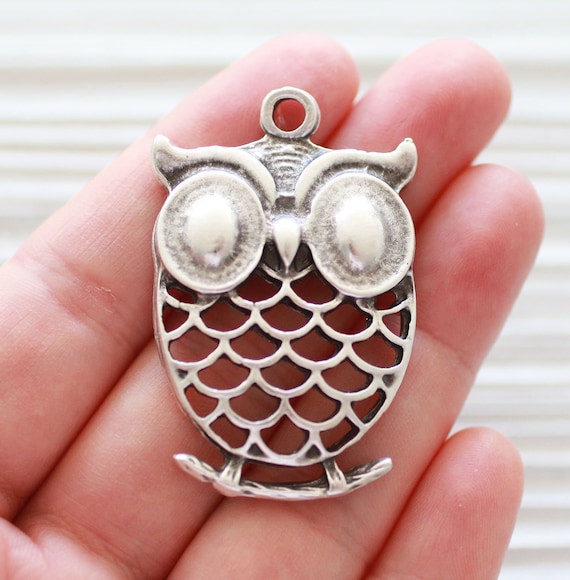 Owl pendant, large silver owl, animal pendant, cute owl pendant, silver pendant, cozy animal findings, filigree