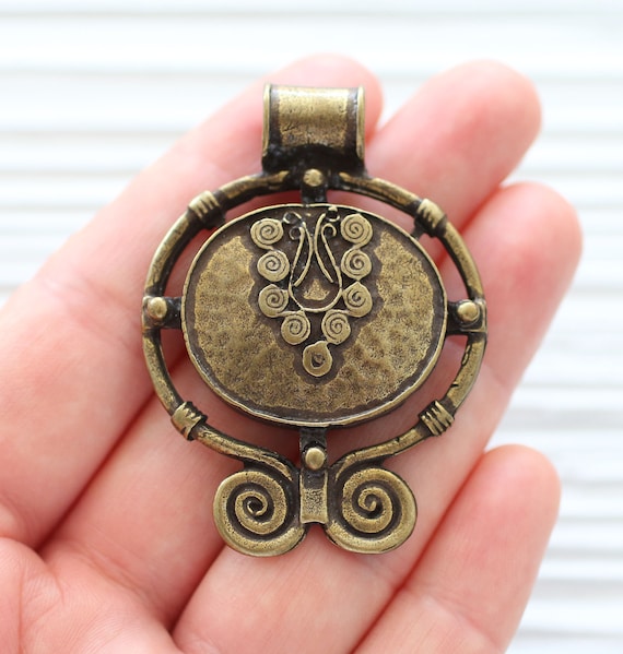 Large hole pendant, antique gold tribal pendant, rustic pendant, spiral pendant, antique gold unique filigree pendant, large pendant