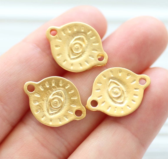 5pc gold charms with evil eye, bracelet connectors, evil eye connector, evil eye charm, good luck charms, necklace earring charms, dangle