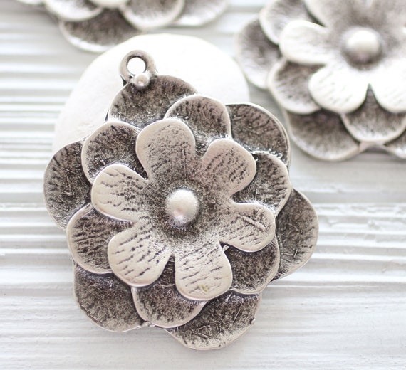 Flower pendant silver, large flower pendant, flower medallion, flower jewelry findings, large leaf flower pendant, focal statement pendant