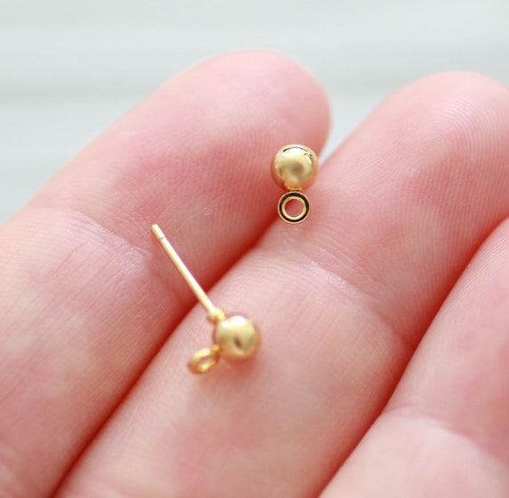 2pc 24K gold plated ball earrings stud set, earring studs with ball bead and loop, studs with loop for charms tassels, gold studs