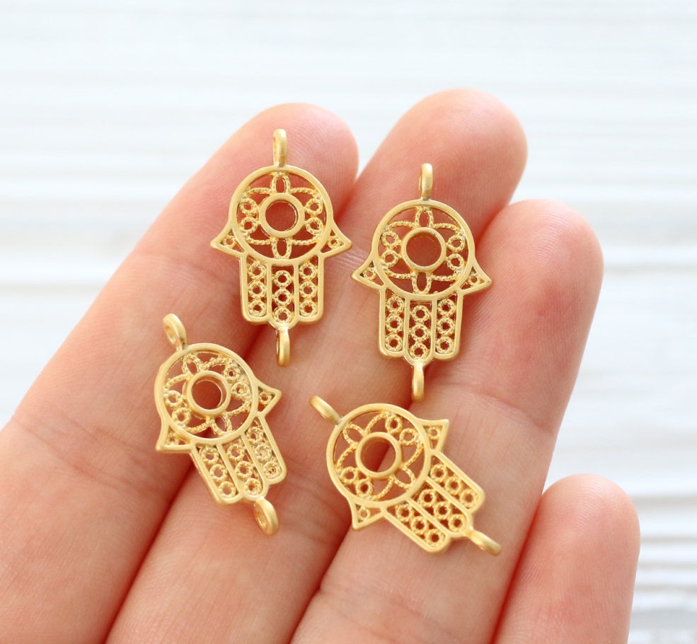 4pc filigree Hamsa charm connector, mini gold connector, mini Hamsa ...