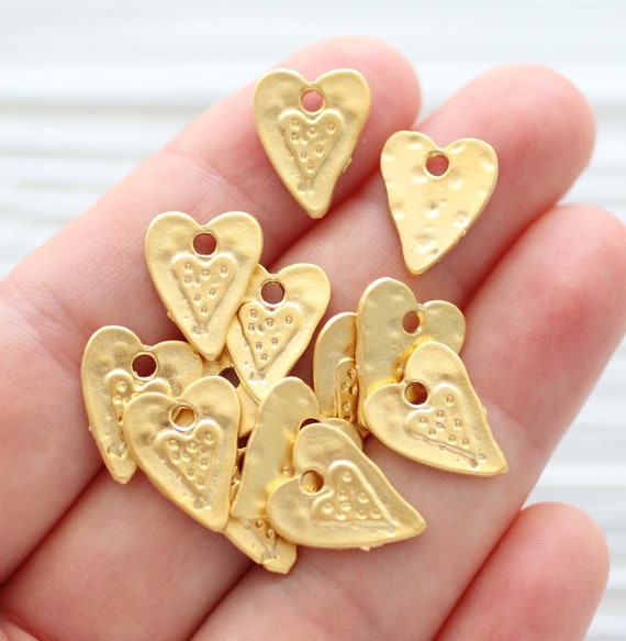 10pc hammered heart charm, necklace charms gold, heart charms for bracelet, mini heart pendant, heart dangle, earrings charms beads